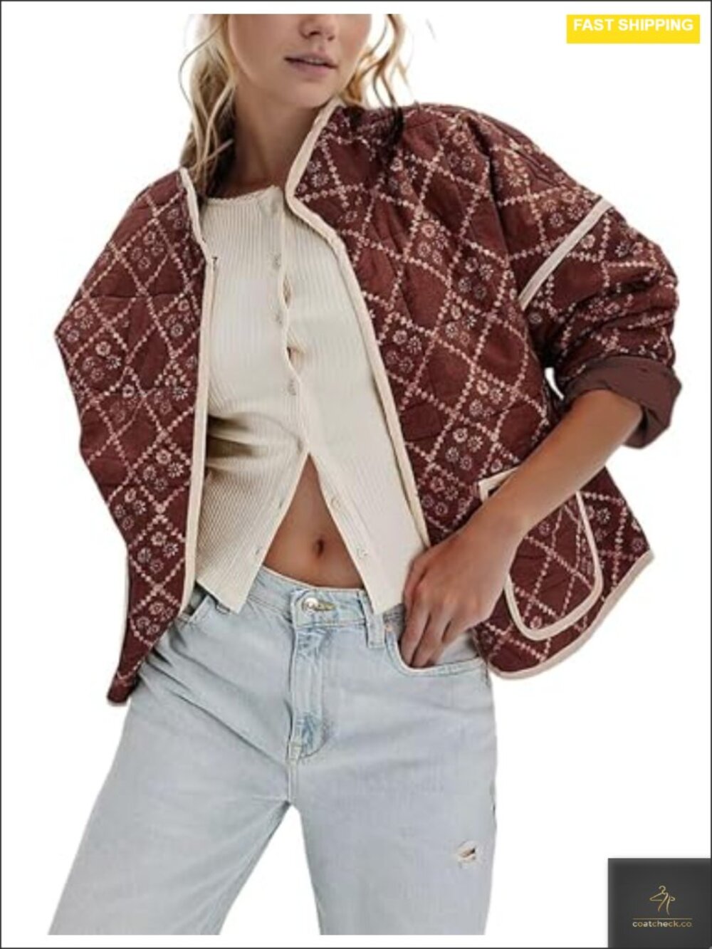 Women Quilted Cropped Jacket Floral Print Lightweight Puffer Coat